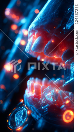 Dental nanorobots performing delicate microsurgery on gum tissue, removing diseased cells Dental nanorobots performing delicate microsurgery on gum tissue, removing diseased cells 124887258