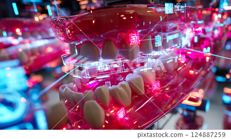 Dental nanorobots performing delicate microsurgery on gum tissue, removing diseased cells Dental nanorobots performing delicate microsurgery on gum tissue, removing diseased cells 124887259