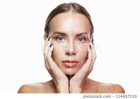 Female face before and after retouching on white background 124887310