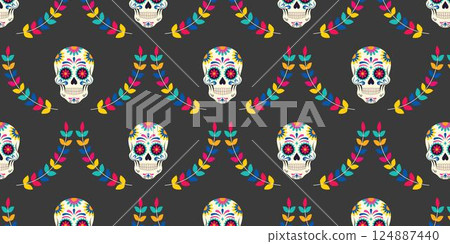 Seamless repeating pattern of mexican skulls with colorful branches. 124887440