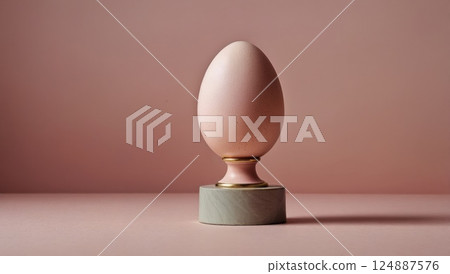 Minimalist Egg On Textured Stand With Soft Pink Background 124887576