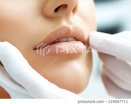 Close-up of a woman's lips being examined by a professional wearing white gloves Close-up of a woman's lips being examined by a professional wearing white gloves 124887711