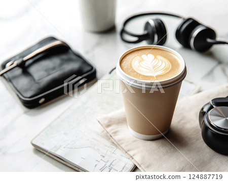 Takeaway coffee cup with latte art placed on a table alongside a map, headphones 124887719