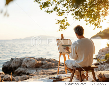 Artist painting a serene seascape on a canvas by the shore, surrounded by nature 124887727