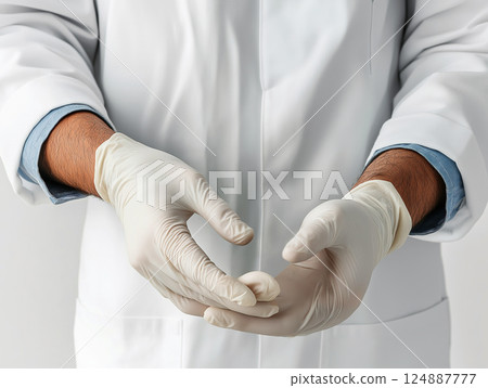 Doctor wearing a white coat and latex gloves, preparing for a medical procedure Doctor wearing a white coat and latex gloves, preparing for a medical procedure 124887777