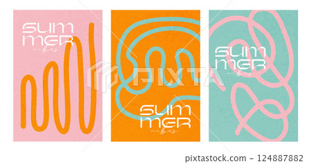 Summer bright cover, card or poster set in flat minimal style for corporate identity, social media ads, promo. Modern design template in trendy geometric style with vintage paper texture. Vector 124887882