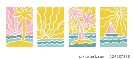 Vintage boho groovy palm tree beach sun sea covers set. Surf club vacation and sunny summer day aesthetic. Vector flat illustration background in trendy retro naive simple style with grungy texture Vintage boho groovy palm tree beach sun sea covers set. Surf club vacation and sunny summer day aesthetic. Vector flat illustration background in trendy retro naive simple style with grungy texture 124887888