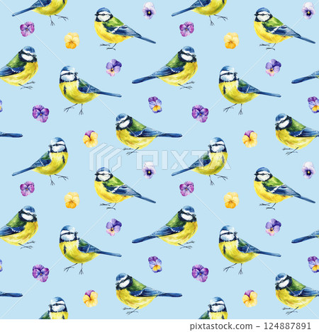 watercolor seamless pattern with blue tit birds and colorful pansy flowers, spring bird, floral pattern on background 124887891