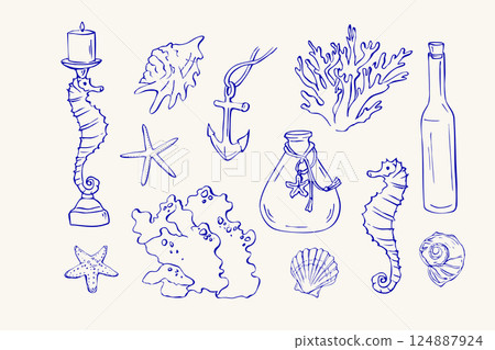 set of hand drawn sea doodles blue 124887924