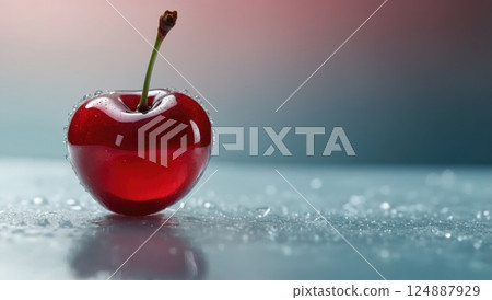 Fresh Cherry with Water Droplets on Reflective Surface 124887929