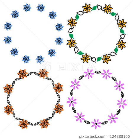 Flower Frame outline circle, cute floral wreath, doodle art style design border. Hand drawn blob brush stroke, black sketch line plant leaves element. Empty text space. Colourful vector illustration 124888100