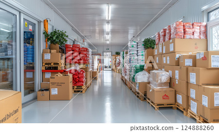 Bright storage space with stacked donation boxes and organized supplies 124888260