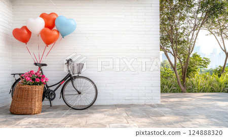 charming bicycle with heart shaped balloons and flowers against white wall 124888320