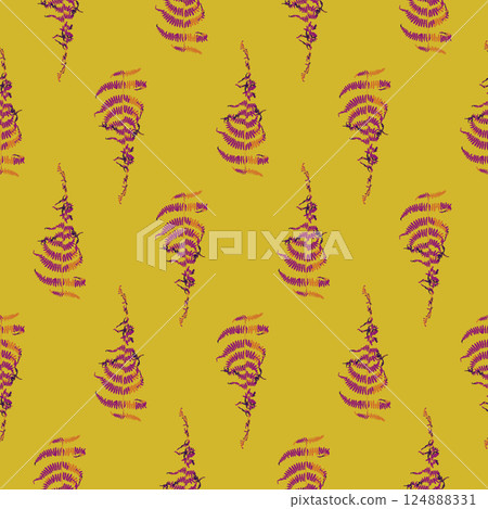Seamless pattern with dried magenta fern leaves on yellow background. Wild forest plant wallpaper. Boho botanical texture. 124888331
