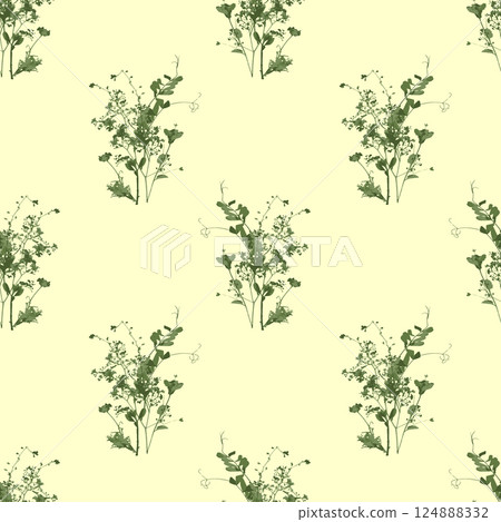 Seamless pattern with bunches of different grass and herbs. Floral cottagecore background. Dry herbarium plants wallpaper. 124888332