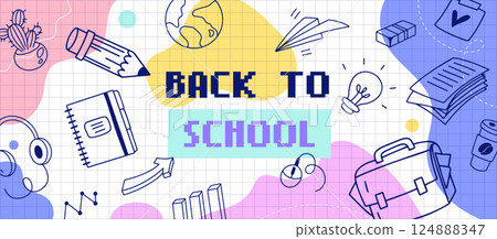 Back to school horizontal banner with doodle icons, grid paper, supplies, and pastel shapes, creative vector design for education season 124888347
