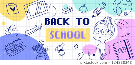 Back to School Creative Doodle Education Banner. Welcome back greeting, colorful school supplies, cute illustrations. Perfect for covers, banners, cards. Vector Design. 124888348