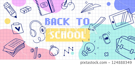 Creative back to school banner with hand-drawn icons, gadgets, charts, and pastel doodles on graph paper background, vector illustration Creative back to school banner with hand-drawn icons, gadgets, charts, and pastel doodles on graph paper background, vector illustration 124888349