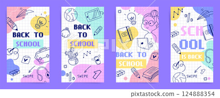 Social media stories templates set for back to school season with swipe arrows, creative doodles, pastel colors on checkered background Social media stories templates set for back to school season with swipe arrows, creative doodles, pastel colors on checkered background 124888354