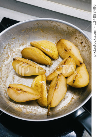 Sauted Pears in a Skillet with Caramelized Texture Sauted Pears in a Skillet with Caramelized Texture 124888496