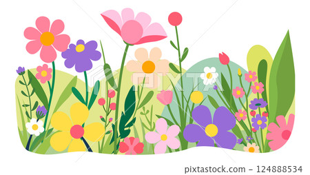 Wildflowers. Summer fiield. Fresh flowers, herbs and grass.Vector isolated illustration 124888534