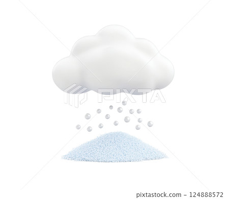 Minimalist winter landscape scene with a soft white cloud and falling snowflakes on a plain light blue background  Simple graphic design with a focus on the winter weather elements 124888572