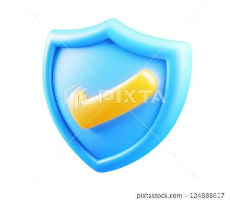 Blue Shield Icon with Yellow Geometric Design Symbolizing Protection Defense and Security Concepts Abstract Graphic Element for Safety Safeguard and Warranty Purposes 124888617