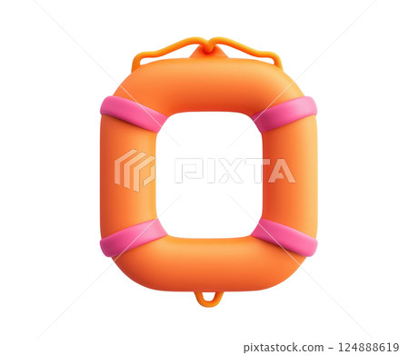 Bright orange inflatable life preserver ring with pink accents a floating safety equipment for water based activities like swimming boating and other water sports  It s a symbol of rescue security 124888619