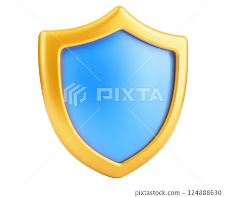 Glossy metallic blue and gold shield icon design symbolizing digital security safety and protection  This 3D rendered shield shaped can be used as a UI or UX element for web app 124888630