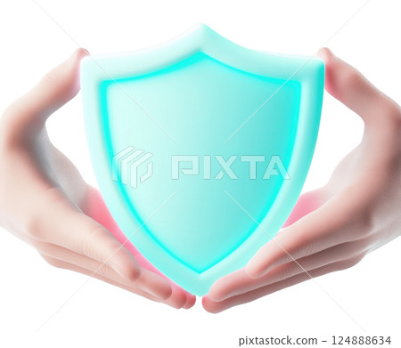 Protective Shield Icon Held in Hands Showcasing Brand Identity Security and Safety Concept  Transparent Minimalist Graphic Design for Digital Assets Branding and Commercial Use 124888634