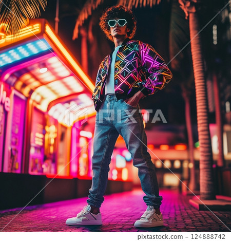 Retro 80s Neon Style Fashion Male Model in Futuristic Cityscape 124888742