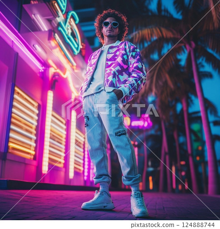 Retro 80s Neon Style Fashion Male Model in Futuristic Cityscape 124888744