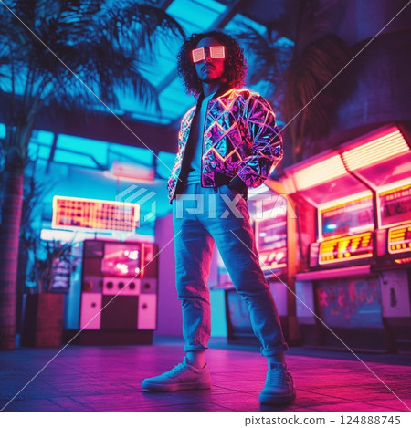 Retro 80s Neon Style Fashion Male Model in Futuristic Cityscape 124888745
