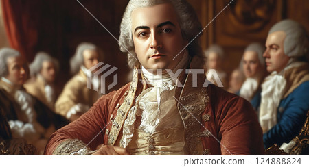 Historic gathering of musicians discussing compositions in the era of Wolfgang Amadeus Mozart. Header banner mockup with copy space. Historic gathering of musicians discussing compositions in the era of Wolfgang Amadeus Mozart. Header banner mockup with copy space. 124888824