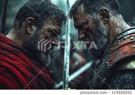 Duel between barbarian German and Roman warrior in ancient battle setting 124888850