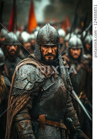 Intense moment of confrontation among ancient Russian knights during a fierce battle 124888851