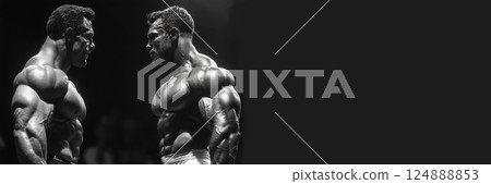 Muscular competitors facing off at a bodybuilder contest under bright stage lights. Header banner mockup with copy space. 124888853