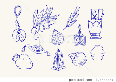 Set of Mediterranean Sea doodles blue 124888875
