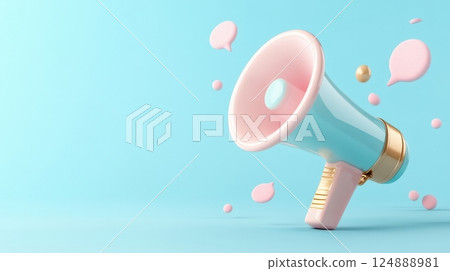 Pastel Pink Megaphone on Blue Background Representing Announcement Marketing and Communication 124888981