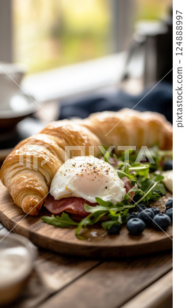 A warm, golden croissant stuffed with poached egg, savory ham, and fresh arugula, set against a rustic wooden background Soft window light enhances the textures and creates a cozy, inviting atmosphere 124888997