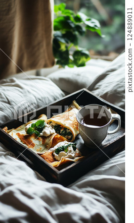 Mini crepes with cashew cream, spinach, and mushrooms sit on a dark wooden tray, next to a steaming cup of mint tea. The scene is set on a bed with soft linens in a modern, bright bedroom Mini crepes with cashew cream, spinach, and mushrooms sit on a dark wooden tray, next to a steaming cup of mint tea. The scene is set on a bed with soft linens in a modern, bright bedroom 124889011