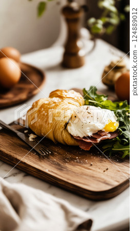 A golden croissant stuffed with poached egg, ham, and crisp arugula, arranged on a wooden table. The warm, moody lighting highlights its flaky layers and rich, inviting texture 124889012