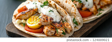 Pita wrap with chicken, boiled egg, and yogurt dressing, a wholesome and flavorful dish for a healthy, tasty meal on the go, banner 124889021