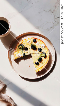 A clean, minimalist presentation of frittata triangles, with broccoli, goat cheese, and Parmesan, offering a fresh, savory dish with a subtle rustic flair 124889025