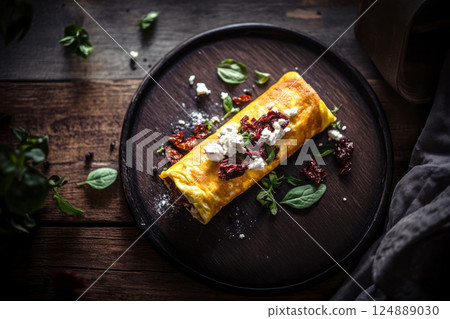 Rustic omelette with feta and spinach on dark wood, featuring moody lighting that adds elegance and warmth, perfect for intimate gatherings or cozy meals 124889030
