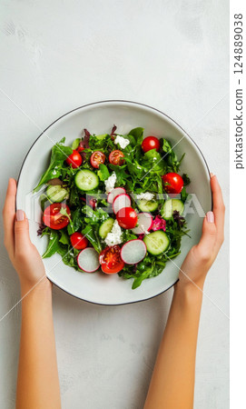 Close-up of a girl's hands holding a colorful bowl of fresh salad with mozzarella, tomatoes, greens, cucumbers, and radishes 124889038