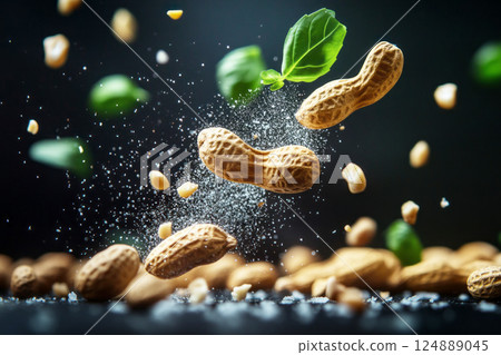 Organic peanuts floating in midair, accented by salt particles and fresh basil leaves, captured in soft bokeh lighting against a dark background, creating a luxurious, gourmet atmosphere 124889045