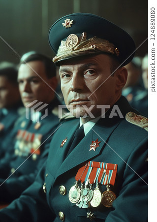 Military council discusses strategy during an important meeting with uniformed officers present 124889080