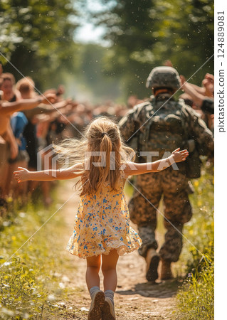 Girl joyfully runs to embrace her mother in military uniform after deployment return 124889081