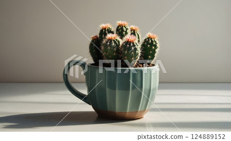 Cactus Plant in Green Mug on Bright Minimalist Surface 124889152